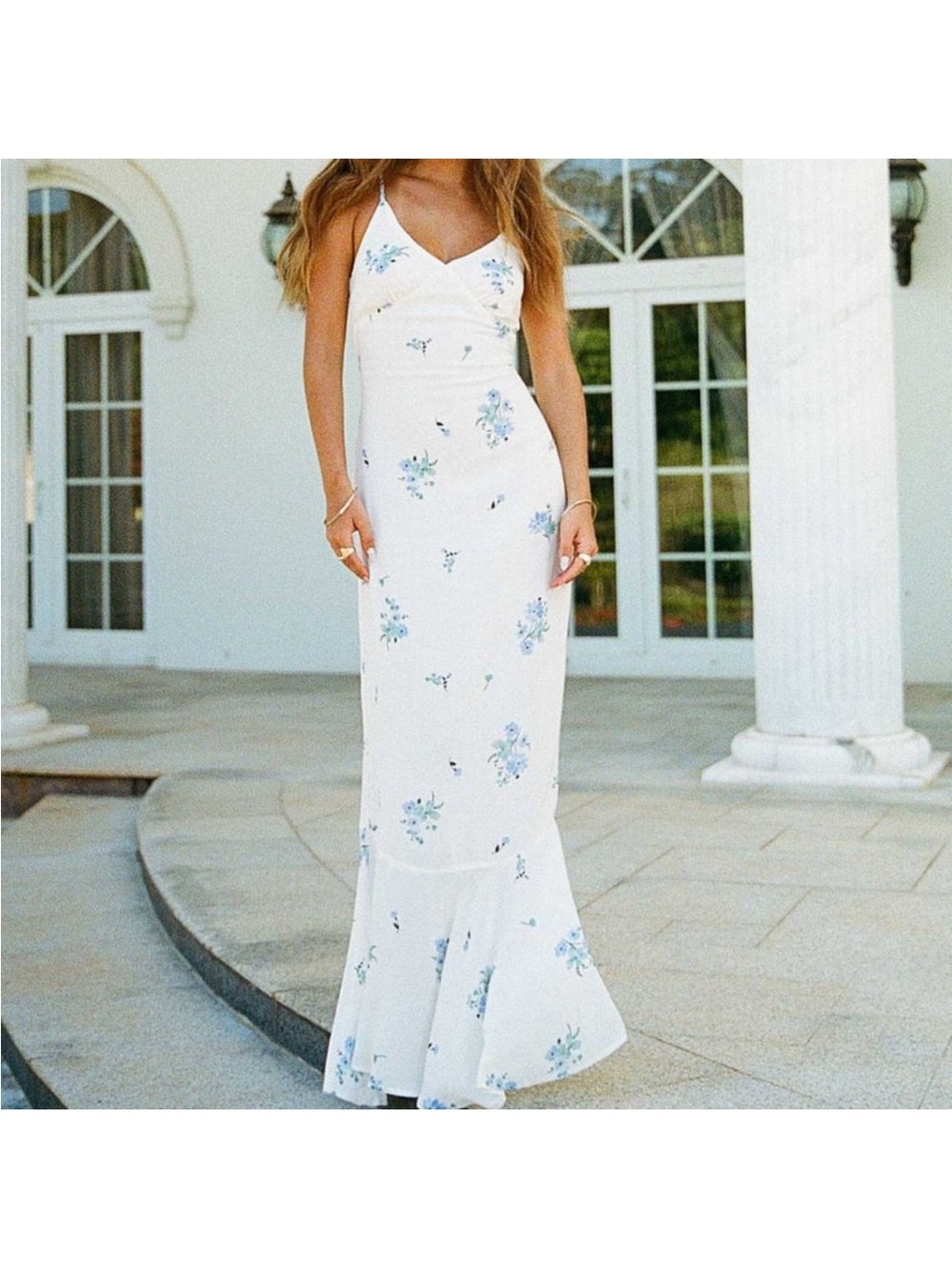 Princess Polly White Maxi Dress with Blue Floral Print